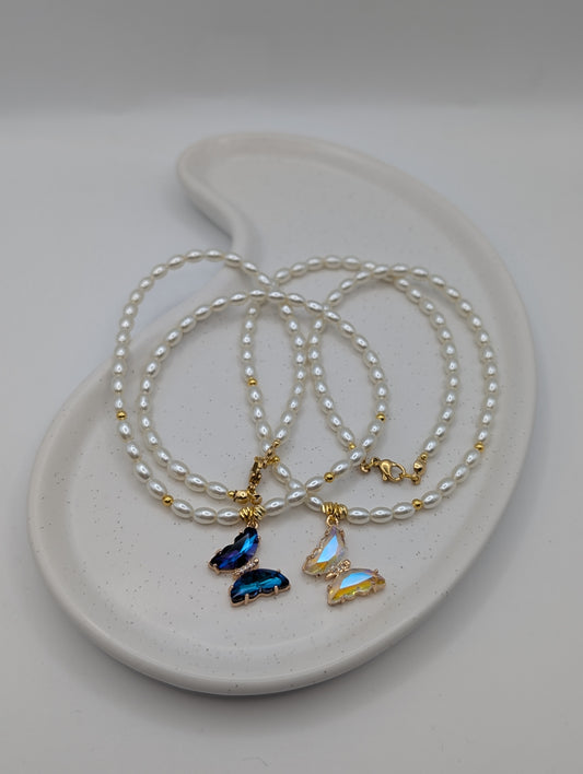 Perlenkette mit Schmetterlingsanhänger | Edelstahl | 2 Farben | 1075