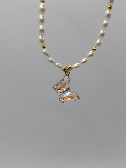 Perlenkette mit Schmetterlingsanhänger | Edelstahl | 2 Farben | 1075