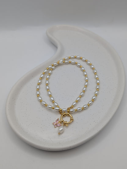 Perlenkette mit Schmetterlings-Anhänger | 18K vergoldet & Süßwasserperle | 1080