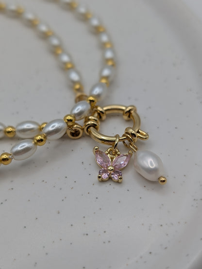Perlenkette mit Schmetterlings-Anhänger | 18K vergoldet & Süßwasserperle | 1080
