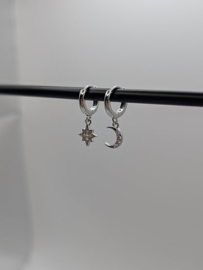 Sun & Moon Huggies - Stern & Mond Ohrringe | 925 Sterling Silber | 1065