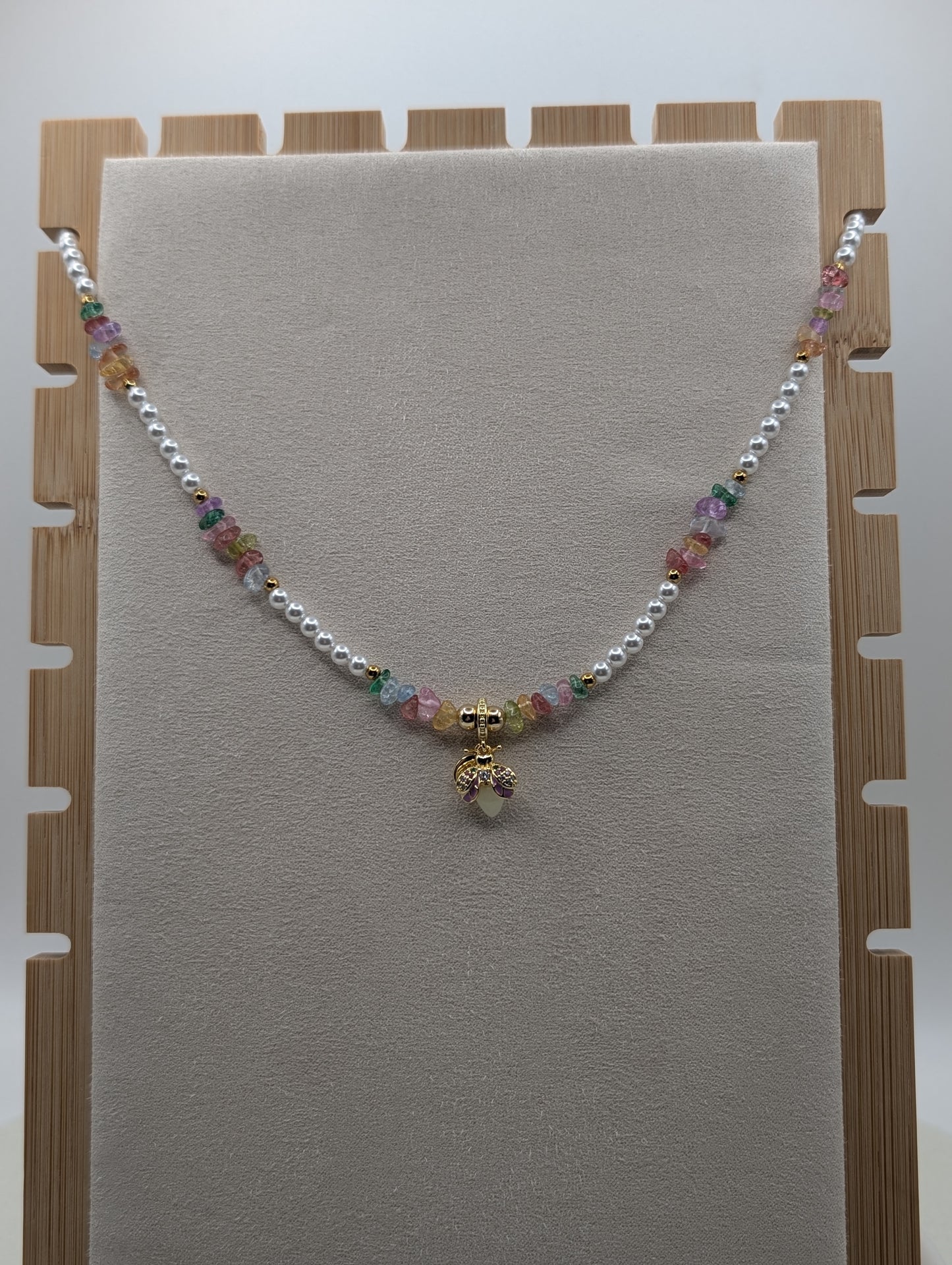 Perlenkette mit Glühwürmchen-Anhänger – 925er Silber & bunte Glassteine | 1081