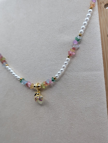 Perlenkette mit Glühwürmchen-Anhänger – 925er Silber & bunte Glassteine | 1081
