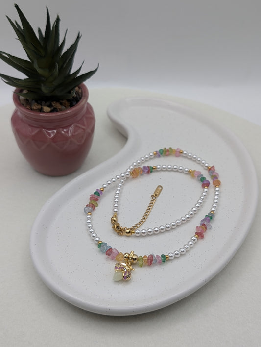 Perlenkette mit Glühwürmchen-Anhänger – 925er Silber & bunte Glassteine | 1081