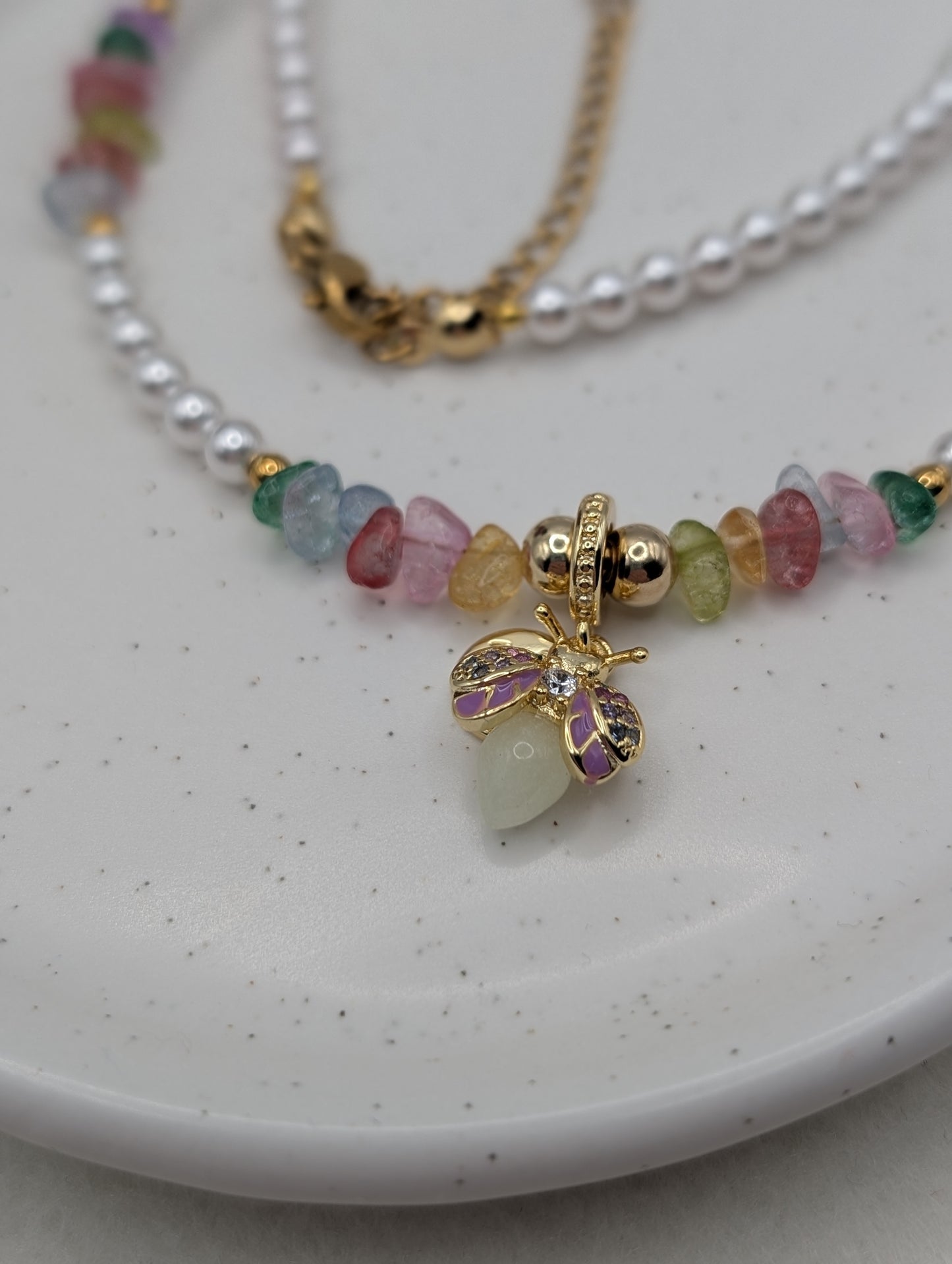 Perlenkette mit Glühwürmchen-Anhänger – 925er Silber & bunte Glassteine | 1081