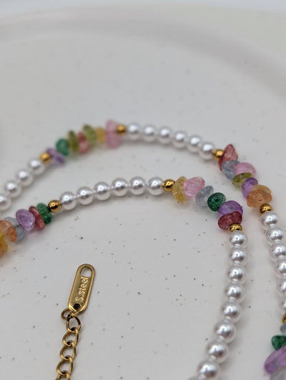 Perlenkette mit Glühwürmchen-Anhänger – 925er Silber & bunte Glassteine | 1081