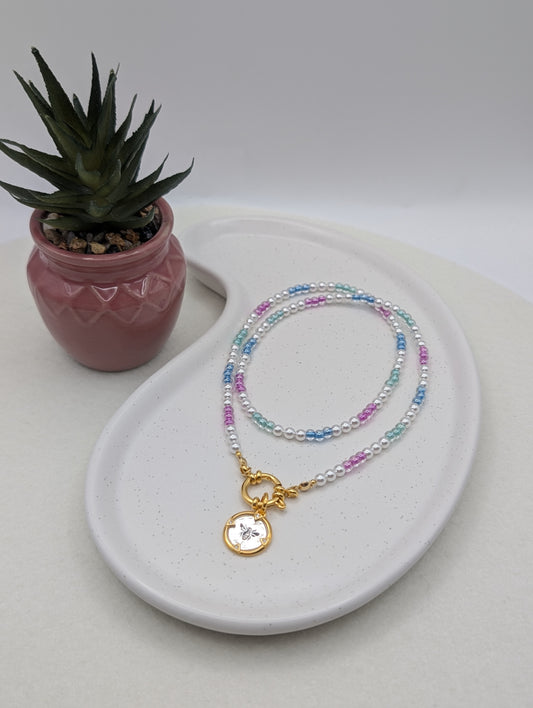 Bunte Perlenkette mit Bienen-Medaillon | 925er Silber & Edelstahl | 1076