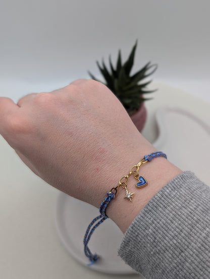 Handgefertigtes Makramee Armband mit Herz & Sternanhänger | Baumwollband | Edelstahl | 18K vergoldet | 1011