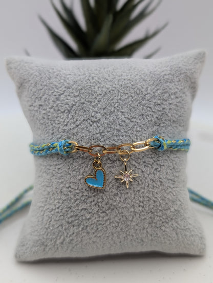 Handgefertigtes Makramee Armband mit Herz & Sternanhänger | Baumwollband | Edelstahl | 18K vergoldet | 1011