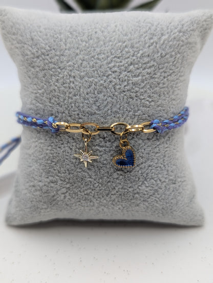 Handgefertigtes Makramee Armband mit Herz & Sternanhänger | Baumwollband | Edelstahl | 18K vergoldet | 1011