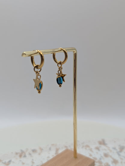 Goldene Creolen mit Stern & Glasperle – in Grün oder Blau | filigrane Edelstahl Ohrringe | Handmade | 1036