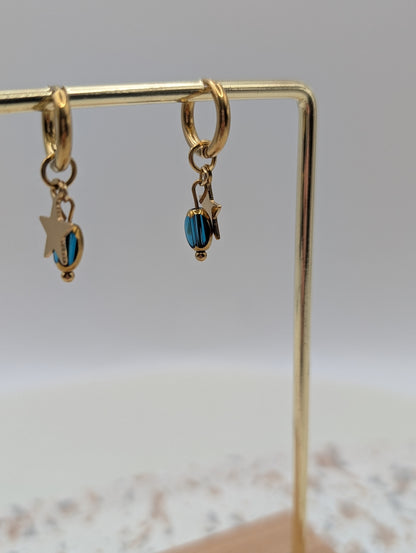 Goldene Creolen mit Stern & Glasperle – in Grün oder Blau | filigrane Edelstahl Ohrringe | Handmade | 1036