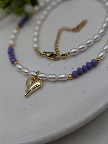 Elegante Perlenkette mit Herzanhänger – Lila & Gold | 1104