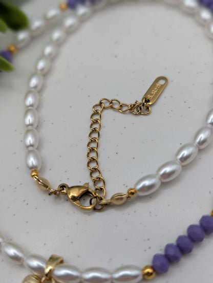 Elegante Perlenkette mit Herzanhänger – Lila & Gold | 1104