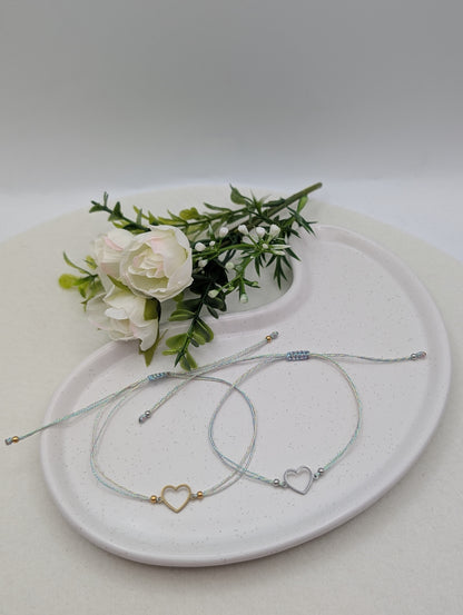 Makramee Armband mit Herz aus Edelstahl – irisierendes Band | 1118