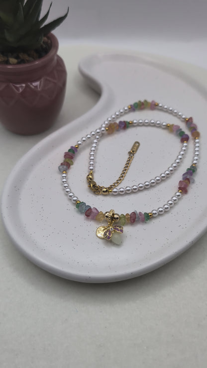 Perlenkette mit Glühwürmchen-Anhänger – 925er Silber & bunte Glassteine | 1081